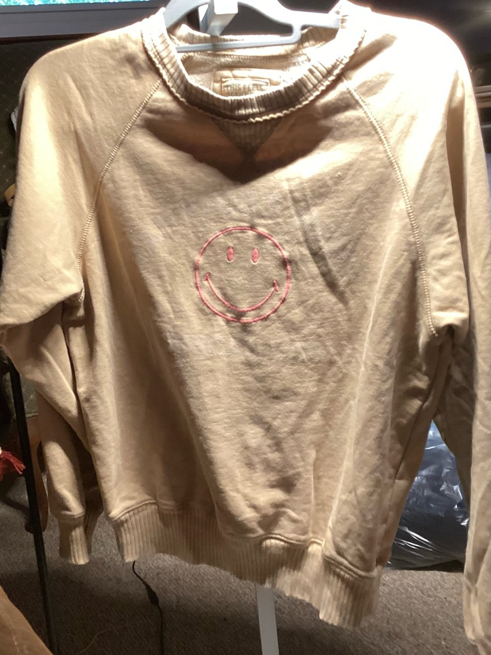 aerie Cream Crewneck with Pink Smiley Embroidery